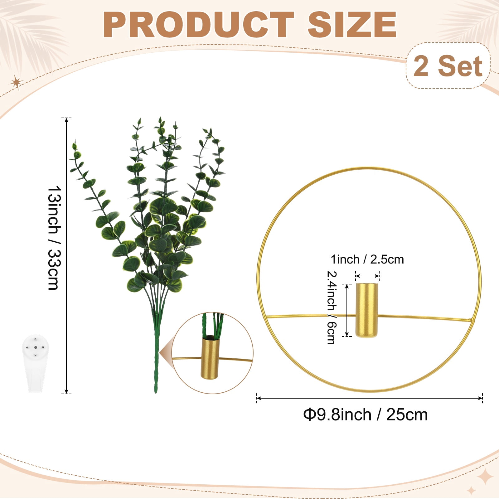 Uxcell 2 Set Plant Wall Decor, Hanging Planters with Artificial Eucalyptus Metal Hanging Vase Round Shape for Room [Golden]