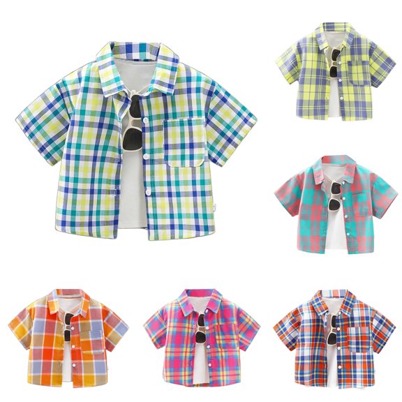 HNMKIU Boys Short Sleeve Button down Shirt Checkered Shirt Button Closure Collared Casual Soft Summer Top Kids Dark Green,4-5 Years