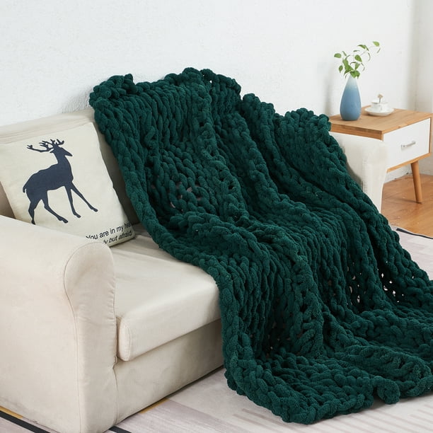 Comtest Chunky Knit Throw Blanket Chenille, Dark Green, 40"x80"(Three Seater Sofa/Twin Size