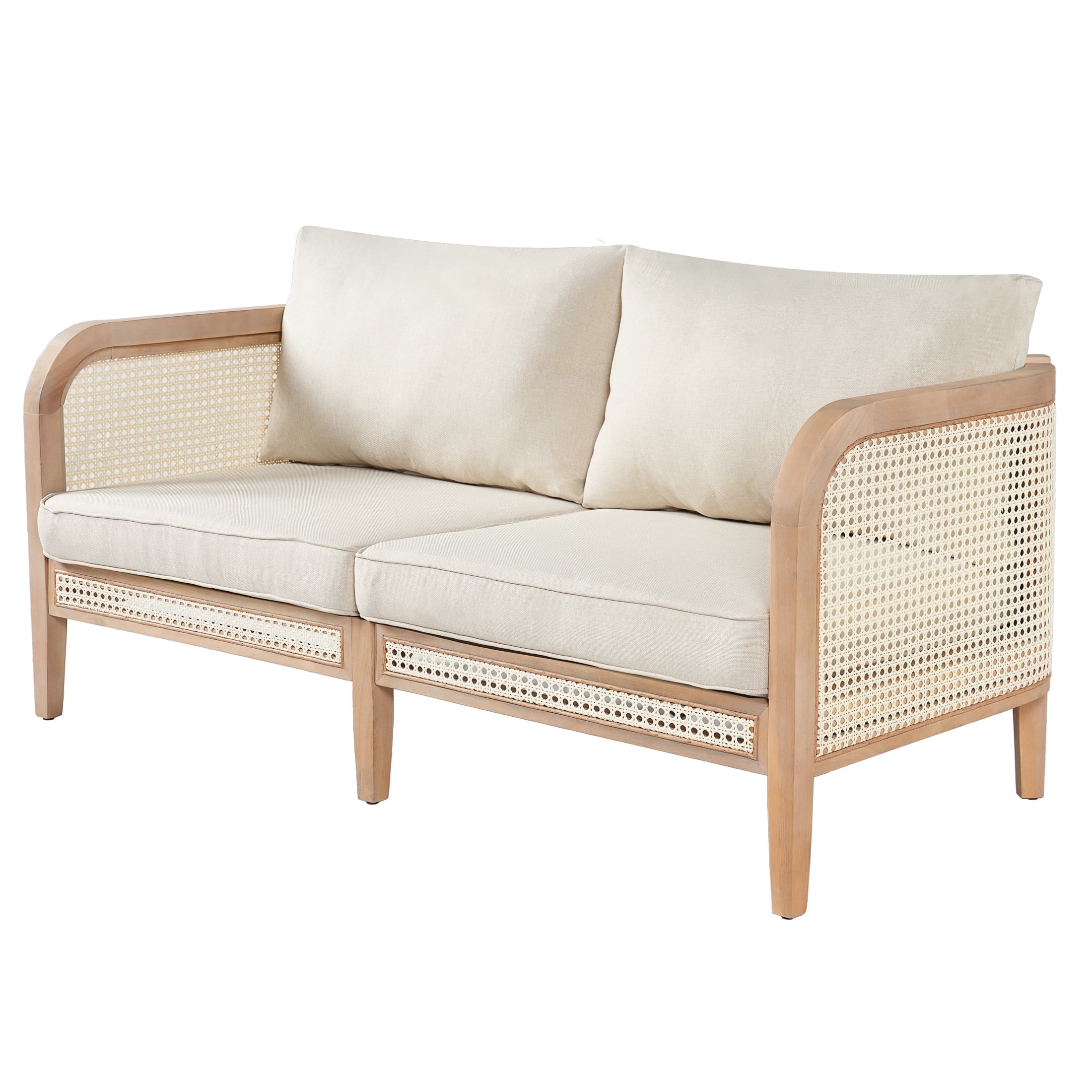 Christopher Knight Home Outdoor Wicker Sofa, Acacia Wood Frame with Cushions, Boho Patio Loveseat, Natural+Beige
