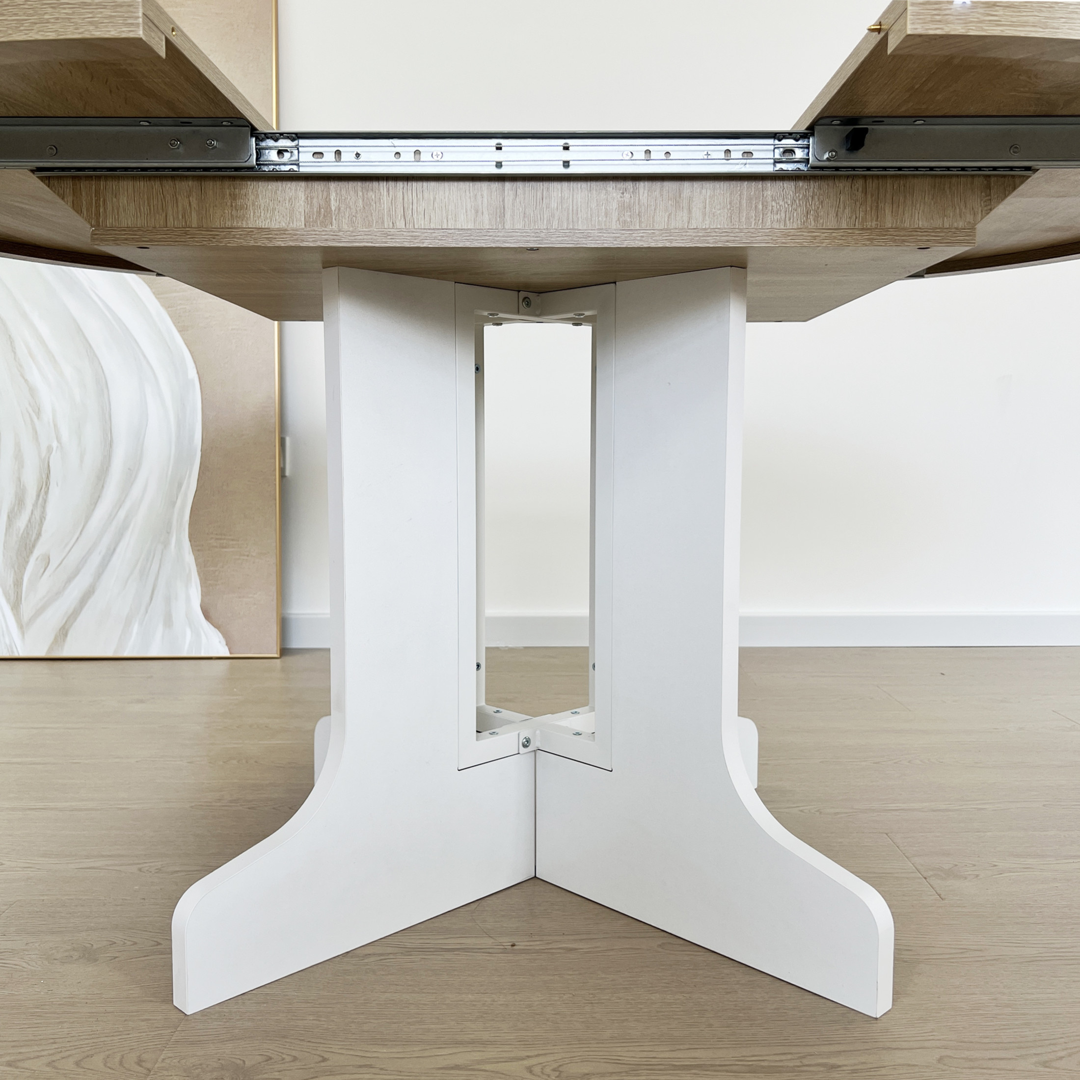 Noble House 59" Farmhouse Expandable Oval Dining Table, Removable Leaf, X-Shaped Trestle Base Kitchen Table, White Oak