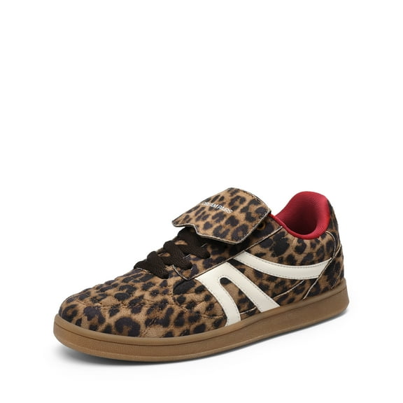 DREAM PAIRS Girls' Leopard Print Sneakers with Hook & Loop Strap and Lace-Up Casual Shoes