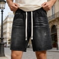 thumbnail image 2 of Summer Mens Solid Denim Shorts Casual Straight Leg Loose Fit Drawstring Knee Length Breathable Black L, 2 of 5