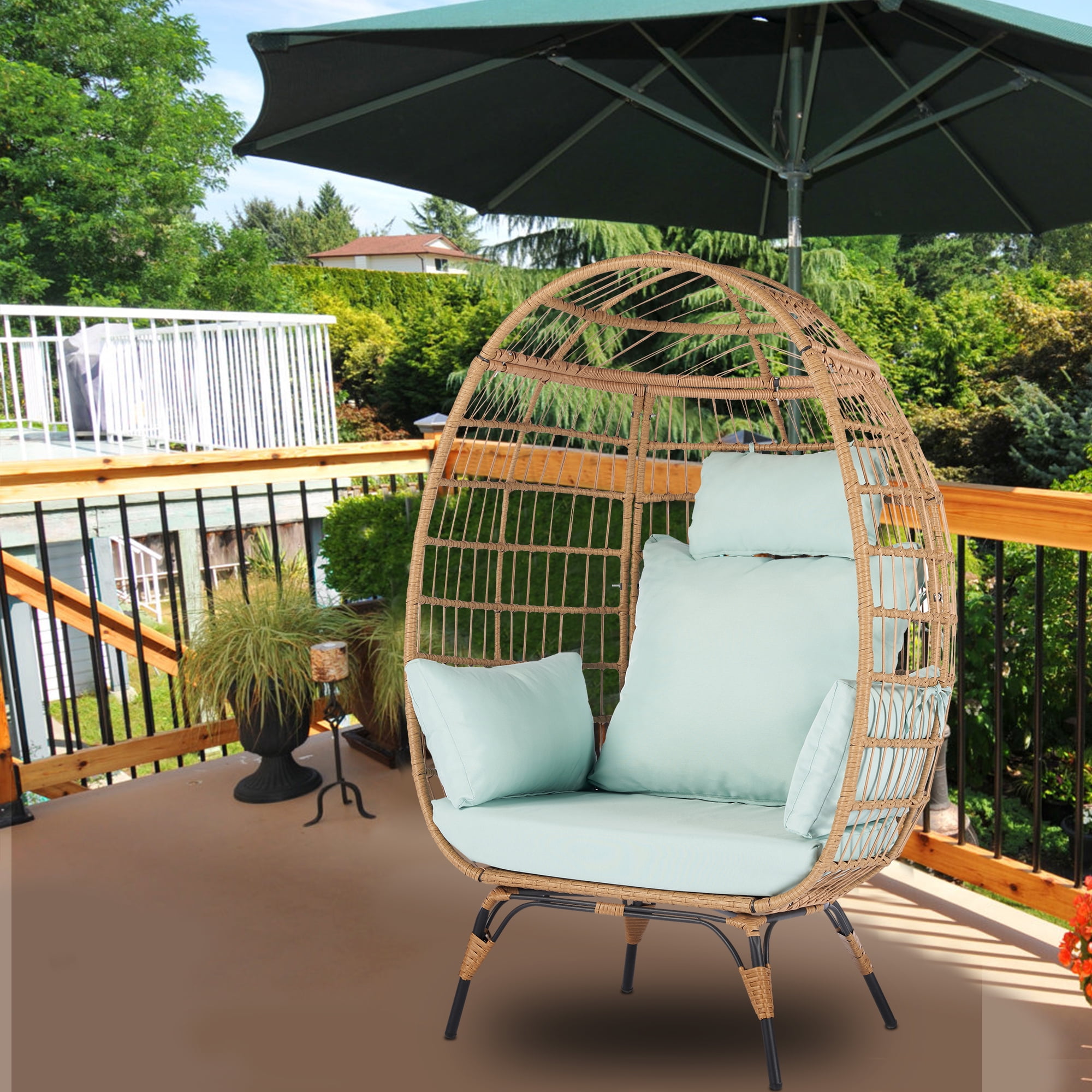 Patio Furniture Egg Chair, Rattan Stationary Egg Chair with Blue