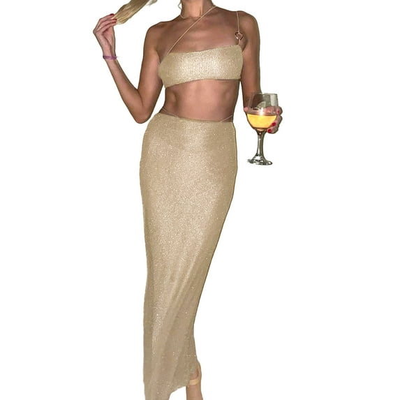 Franhais Women 2pcs Set, Solid Color Sleeveless Tube Tops Matching Elastic Long Skirt