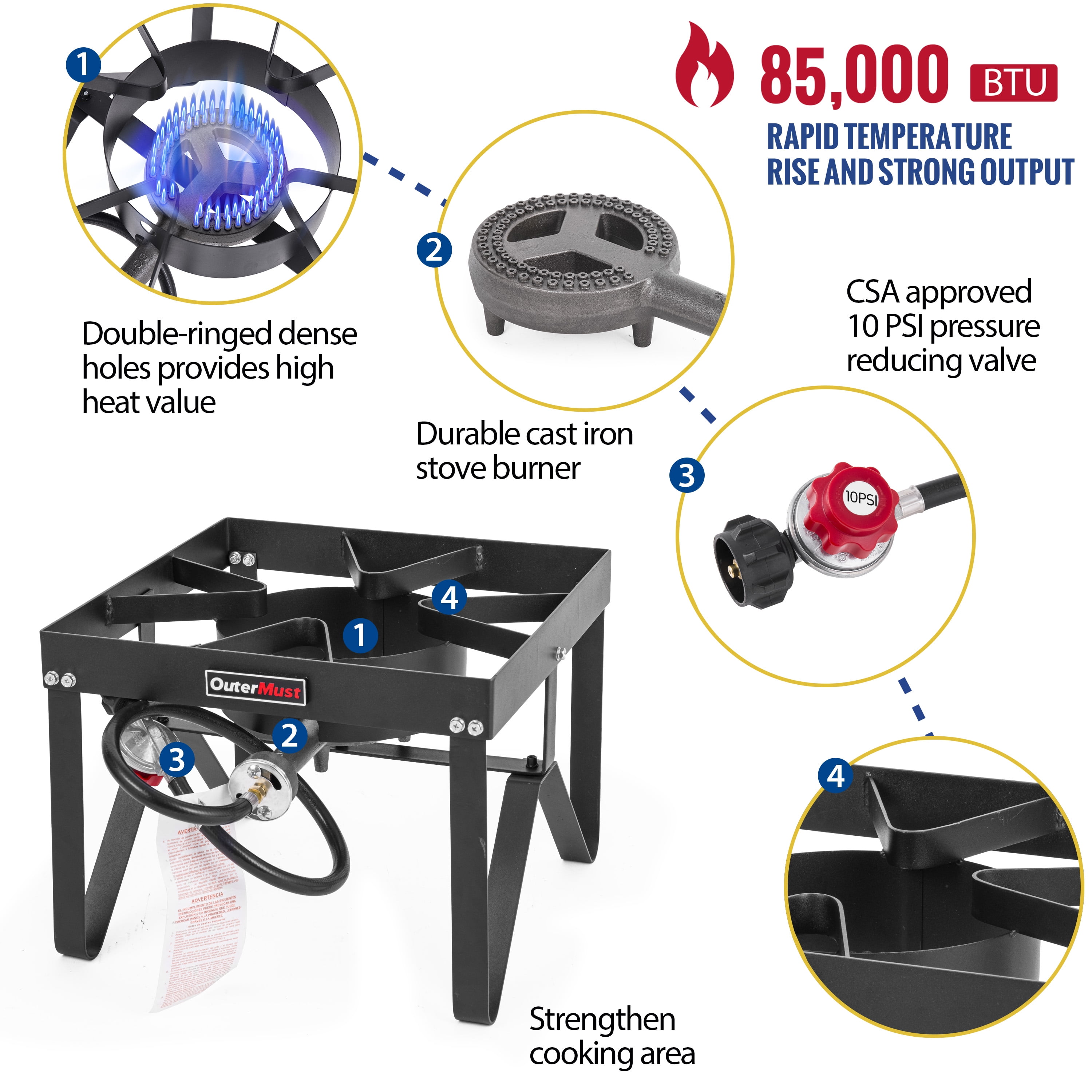 OuterMust Propane Outdoor Cooking Stove 85000 BTU with 10 PSI Regulator for Outdoor Frying Turkey Frying Cooking