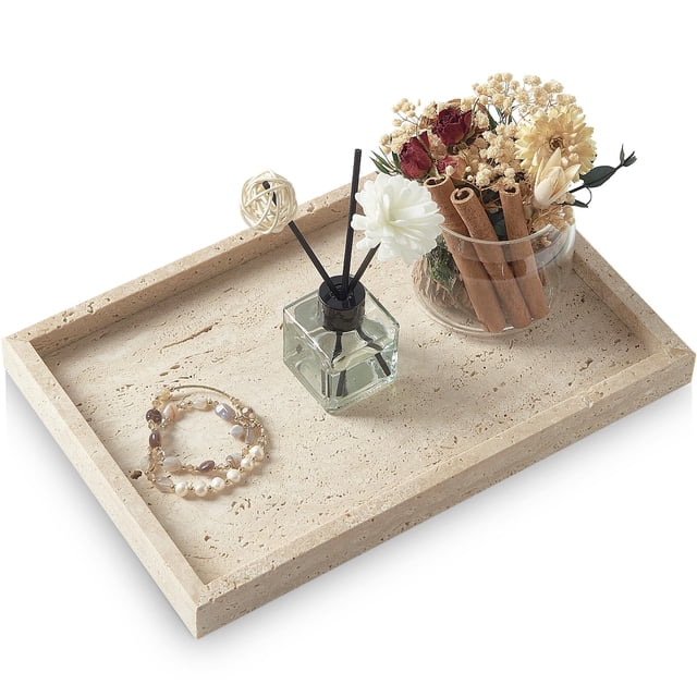 Bandeja decorativa MULWR de mármol travertino para perfume, 30 x 20 cm