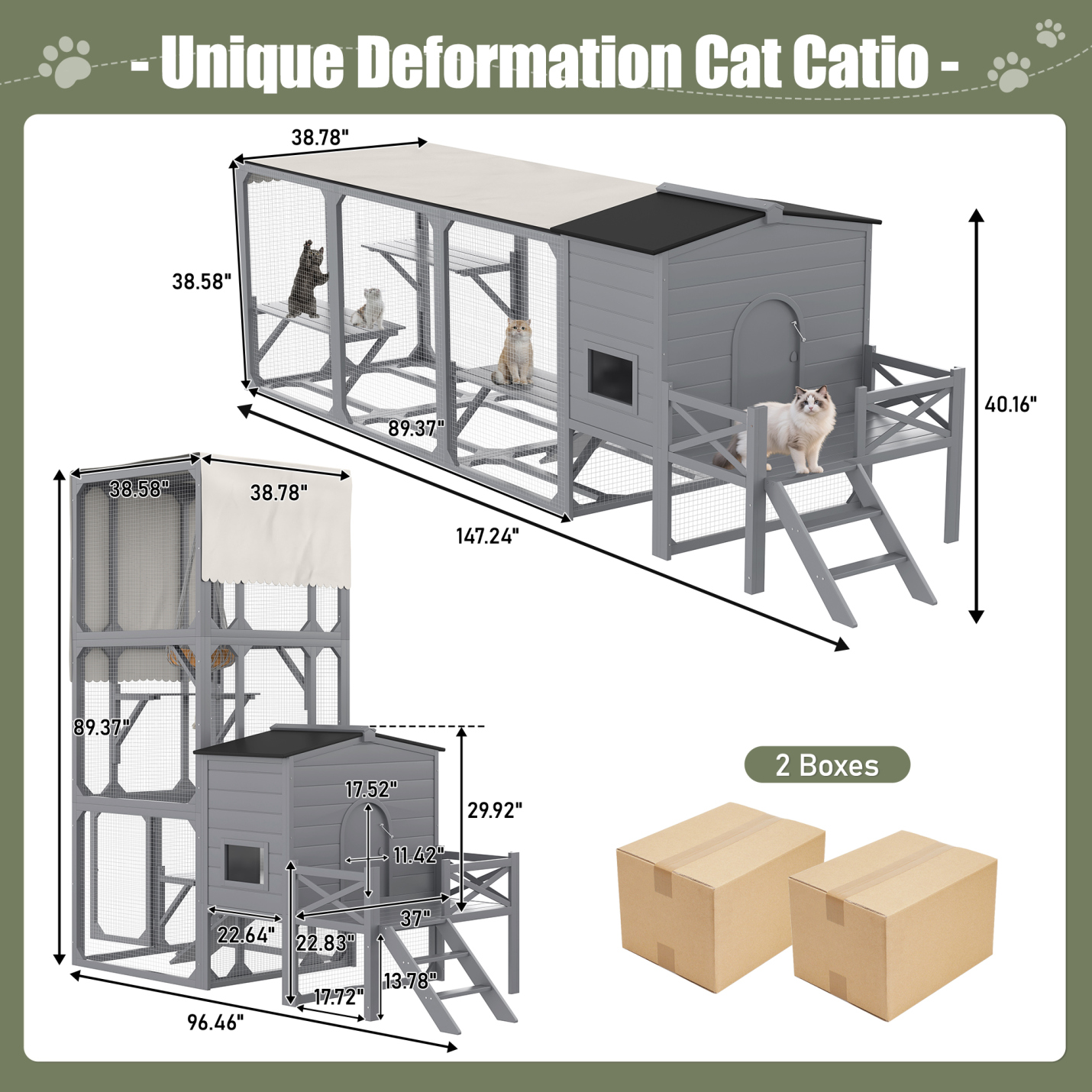 Outdoor Cat Enclosure with Play Platforms and Swing, Large Wooden Catio for Multiple Cats, Removable Waterproof Cover, UV Resistant, 2-Section Design, Gray