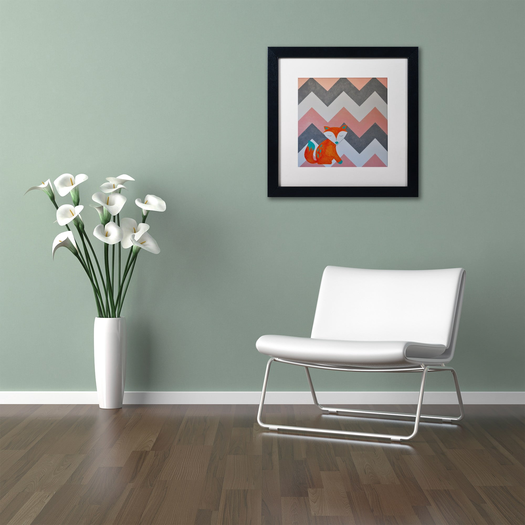 Trademark Fine Art "Fox on Chevron" Canvas Art by Nicole Dietz White Matte, Black Frame
