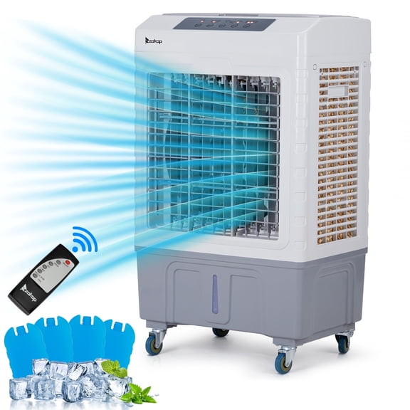 80W Evaporative Air Cooler, 2353CFM Portable Ice Cooling Fan w/Humidifier, Indoor Outdoor Evaporative Cooler with 7.9GAL Water Tank, 3 Speeds & 90°Swing, 4 Ice Packs