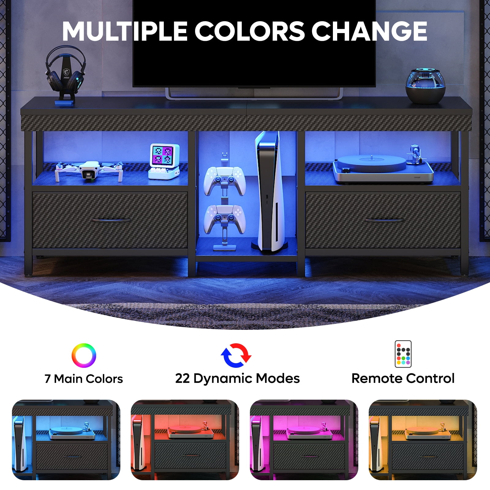 Bestier LED TV Stand Entertainment Center for TVs up for 55 60 65 inch TV Console Table with 2 Storage Drawers,Carbon Fiber Black