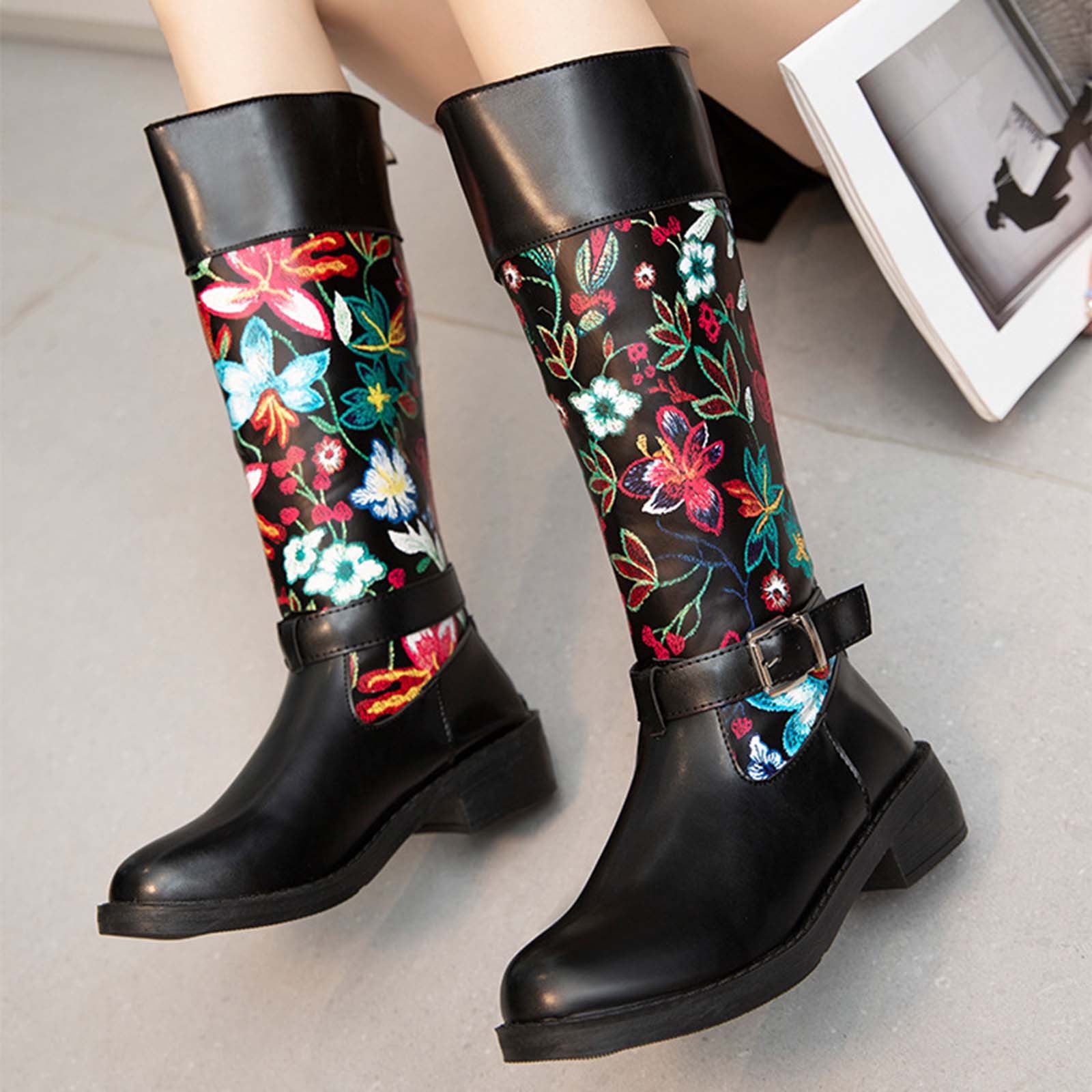 Juebong Halloween Gifts Vintage Western Embroidery Mixed Color Leather  Shoes Woman Long Tall Wide Mid Calf Boots Pointed Toe Boots Thick Heels