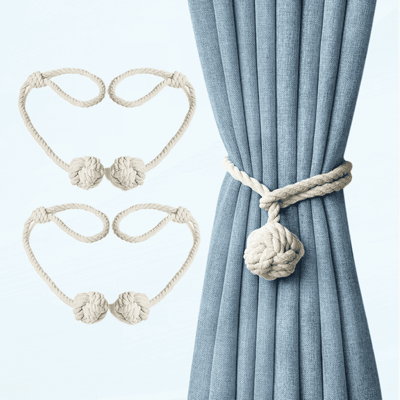 4 Pack Curtain Tiebacks, Natural Cotton Outdoor Curtain Tieback, Hand Woven Knot Ball Rope Holdbacks, Village Rustic Boho Decorative Drapes Window Drapery Pull Backs Ties Holders,2 Pair Beige