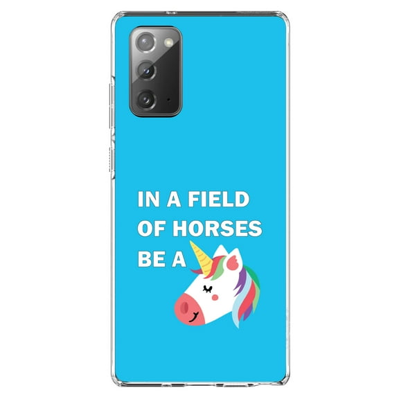 DistinctInk Clear Shockproof Hybrid Case for Galaxy Note 20 ULTRA (6.9" Screen) - TPU Bumper, Acrylic Back, Tempered Glass Screen Protector - In a Field of Horses, Be a Unicorn - Blue