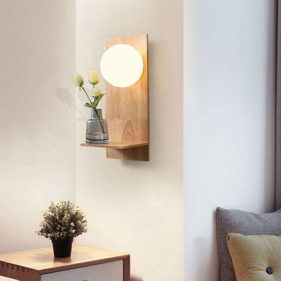 Wood Wall Mount Light Nordic Globe Wall Sconce, White Glass Shade Wall Lamp, Modern Bedroom Bedside Lighting Fixture, G9 Socket Headboard Lamps