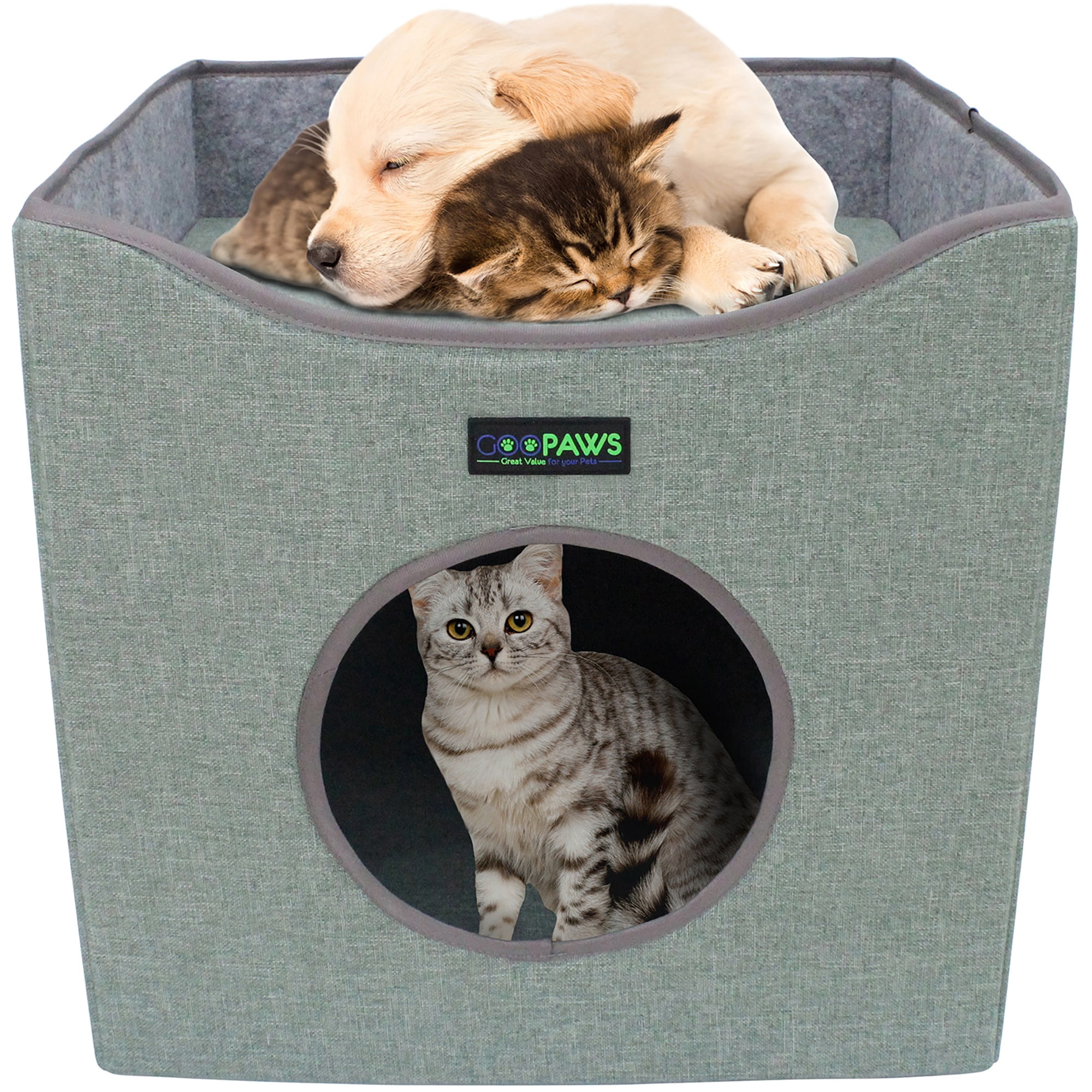 JESPET & GOOPAWS: Foldable Cat Condo - Sage Green - Cube House, Sleeper Bed Cave, Top Lying Surface, 2 Reversible Cushions, Hiding Place, 15.5 x 15"