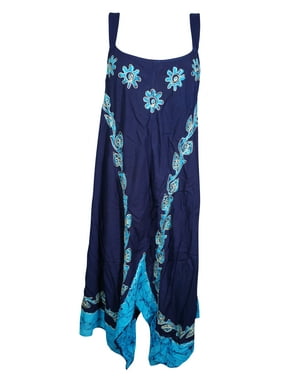 Mogul Women Midi Dress Batik Embroidered Bohemian Sleeveless Dresses M