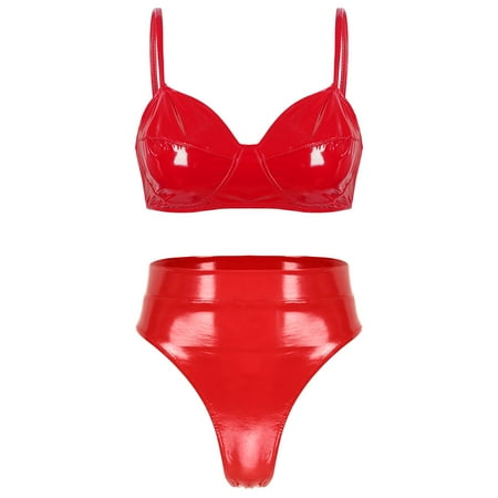 Womens Lingerie Intimates Underwear Set Rave Wet Look Patent Leather Wire-free No Padded Belly Bra Top with High Waist Briefs