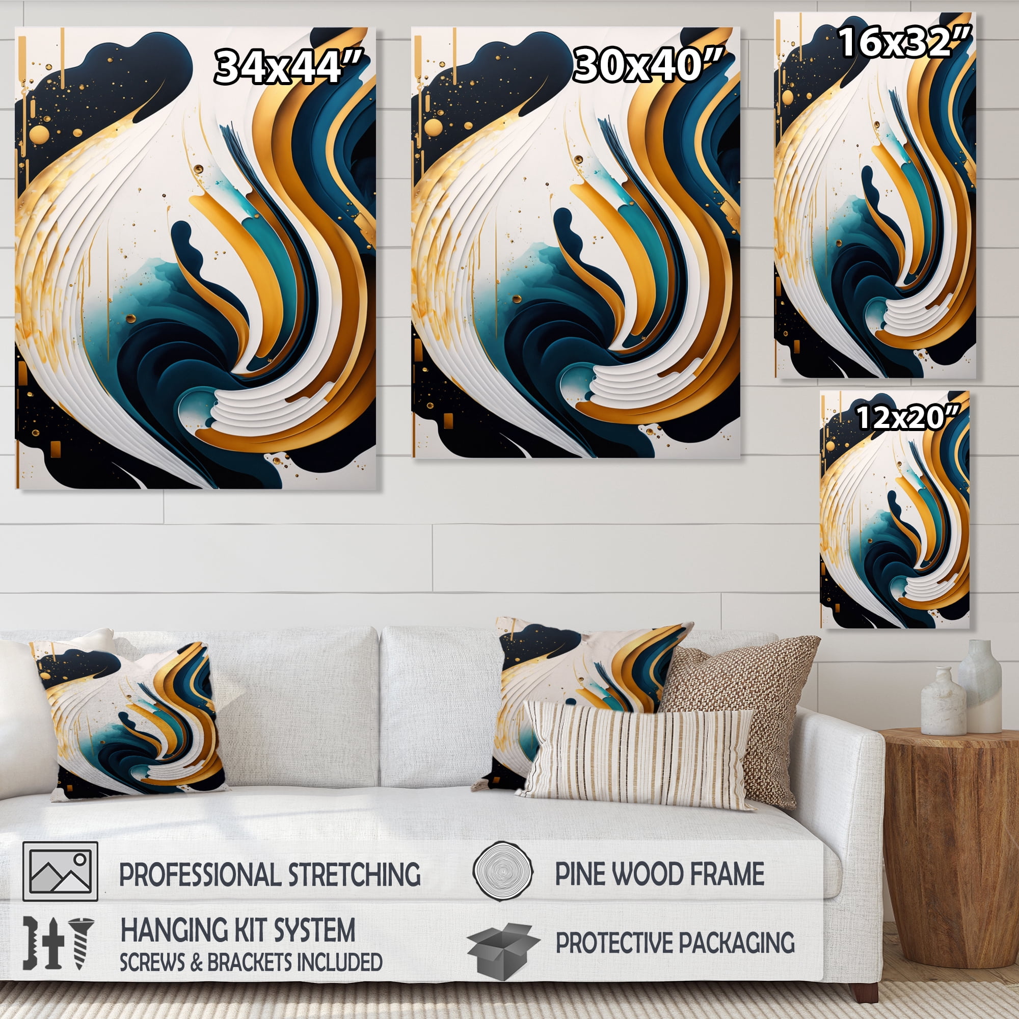 Designart Blue And Gold Modern Art Abstract Painting III Canvas Wall Art