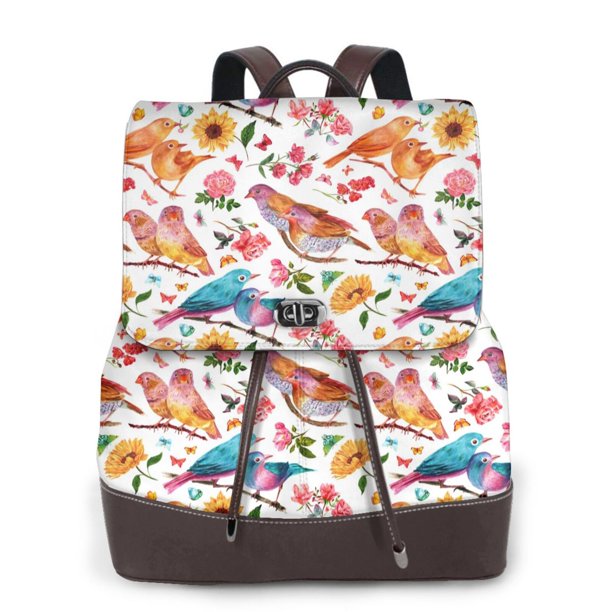 Balery Flowers Birds And Butterflies Mochila de Cuero para Mujeres, Gran Capacidad, Bolsa de Viaje Multifuncional, Mochila de Cuero y Bolsa de Hombro para Mujeres