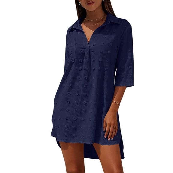 Womens Swimsuit Cover Up Turn Down Collared Short Sleeve Bathing Suit Coverup Summer Loose Fit Beach Cover Ups