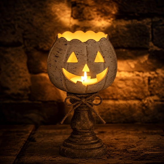 Vintage Distressed White Pumpkin Pedestal Candle Holder, Farmhouse Jack O Lantern Tealight Lamp, Fall Halloween Thanksgiving Table Mantel Centerpiece Decor, 3 Sizes Rustic Pumpkin Candle Holder