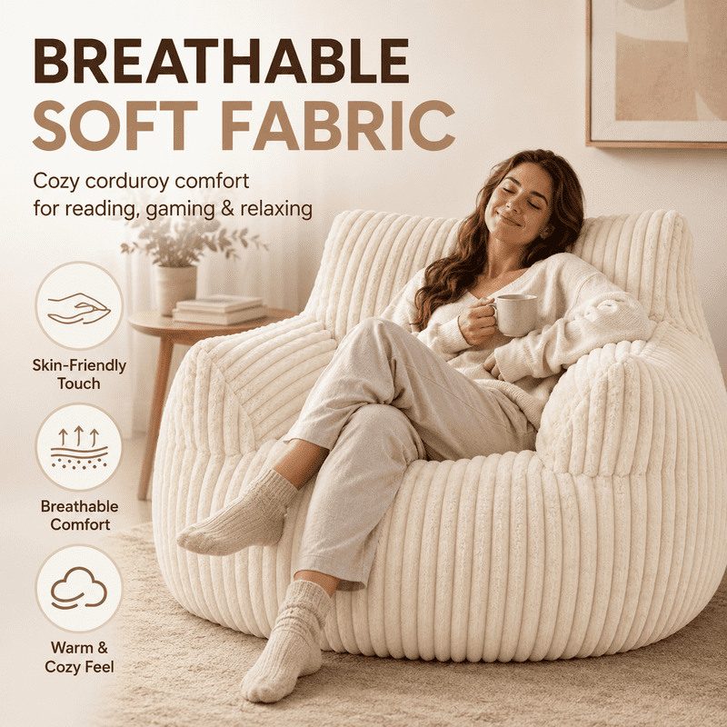 Giant Bean Bag Chair for Adults, 46" Oversized Corduroy Bean Bag Sofa with Armrests, Shredded Foam Floor Lounge Chair, Supports 400 lbs, Beige
