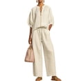 thumbnail image 2 of Two Piece Outfits for Women Zip Front Top Wide Leg Pants Set Casual Summer Matching Set Loose Fit Tracksuit,White XL, 2 of 5