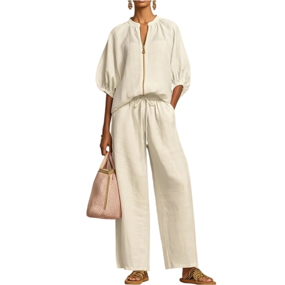 Women’s 2 Piece Cotton Linen Set, Half Sleeve Zipper Top and Wide Leg Pants 2026 Casual ummer Matching Outfit White XL