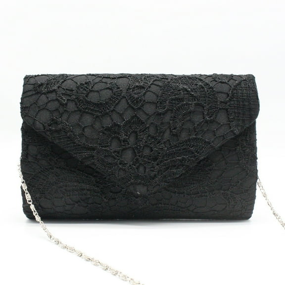 Womens Floral Lace Satin Evening Envelope Clutch Bridal Wedding Handbag Purse,Black