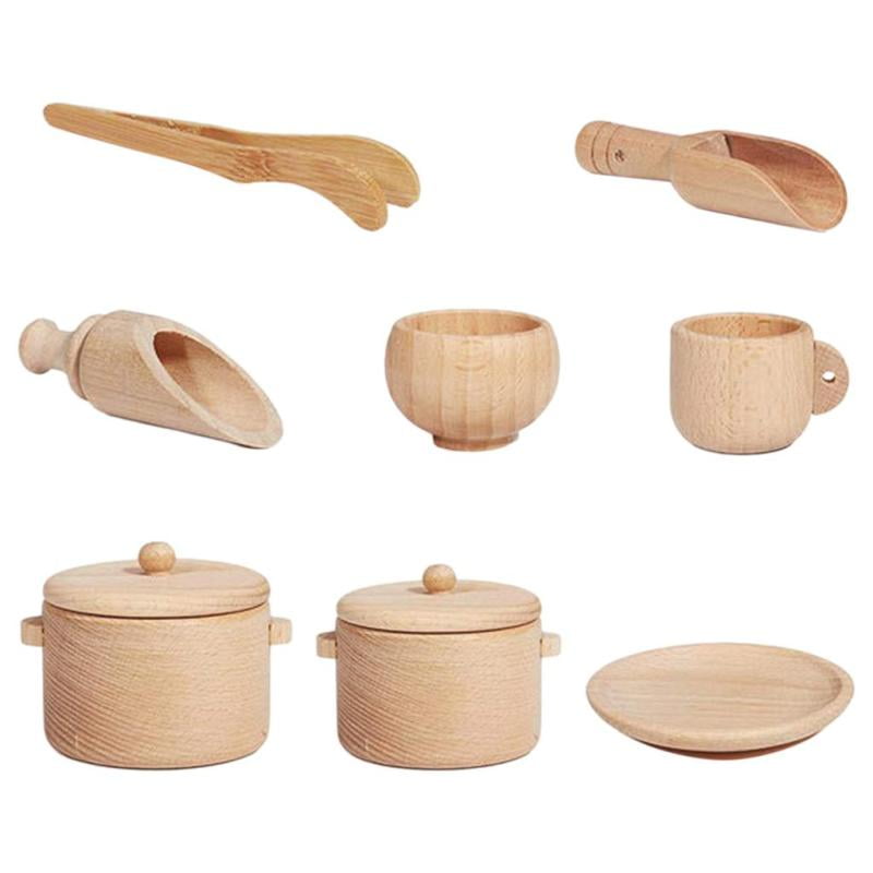 8x Deluxe Wooden Pot with Lid Pretend Play Kitchware Utensils Toys for 3 4 5 6 Years Old