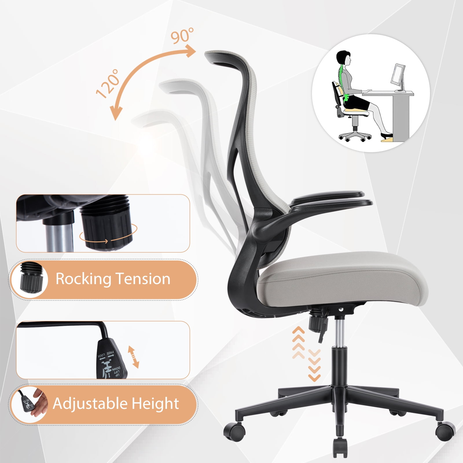Gianna Ergonomic Office Chair with Comfortable Armrests, Adjustable Desk Chair for Home & Computer Use,White