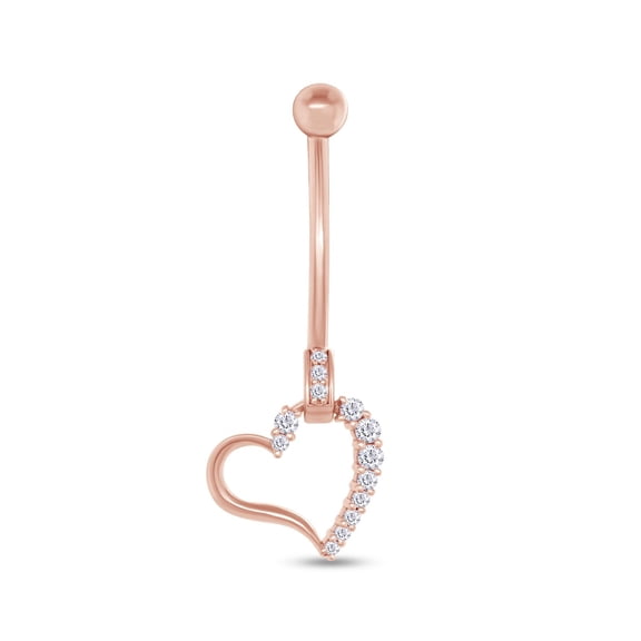 AFFY Round Shape White Cubic Zirconia Heart Charm Belly Ring in 14k Rose Gold Over Sterling Silver