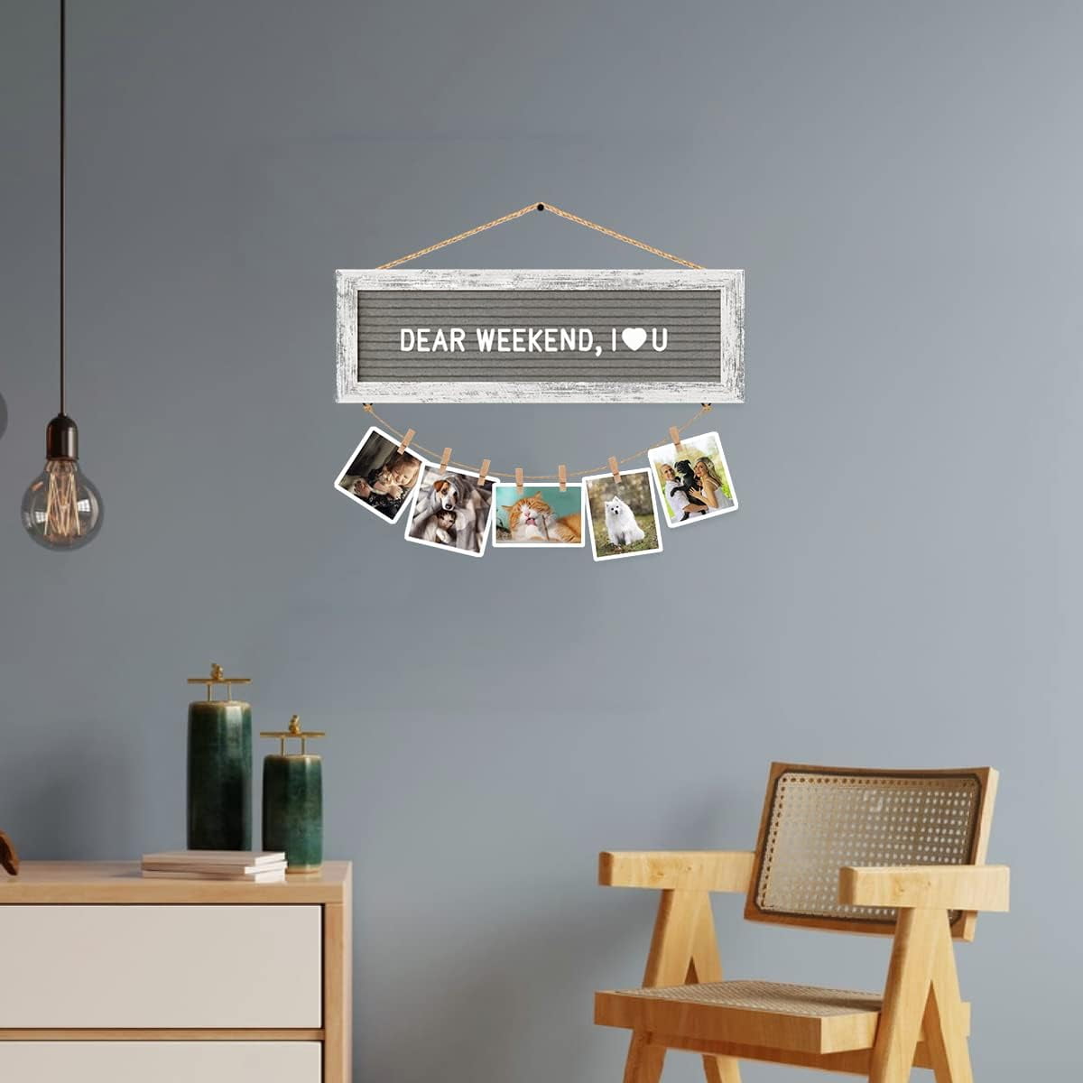 CJIAWYS Picture Frames Hanging Display Wooden Board, Felt Letter Board with 340 Letters and 15 Clips, Photo Frames Collage Wall Decor for Family Birthday Christmas Party Gifts