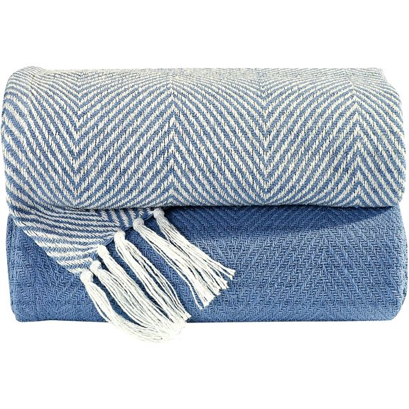 Luxurious Hand Woven Cozy Warm Combed Cotton All Season Indoor Outdoor Light Weight Fade Resistant Couch Chair Bed Throw Blankets Chevron 50x60 Inch Set of 2