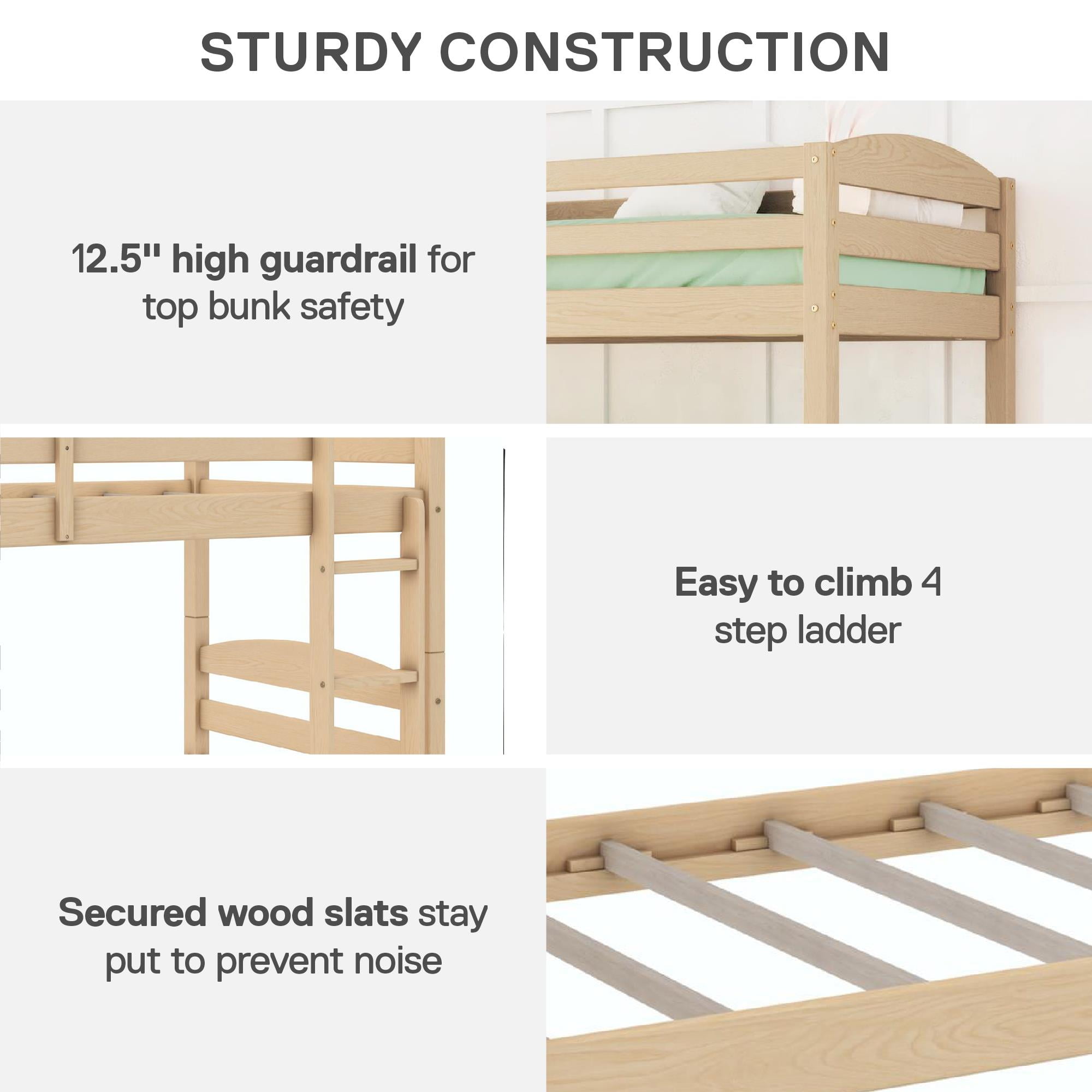 Better Homes & Gardens Leighton Kids Solid Wood Twin-over-Twin Convertible Bunk Bed with Ladder and Guardrails, Natural Pine