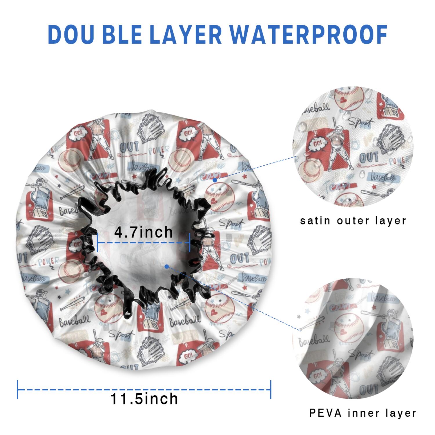 Shower Caps,Vintage Baseball Elements Pattern Waterproof Shower Cap for Women 4 Pieces,Double Reusable Hair Cover for Shower PEVA Elastic Stretch Hem