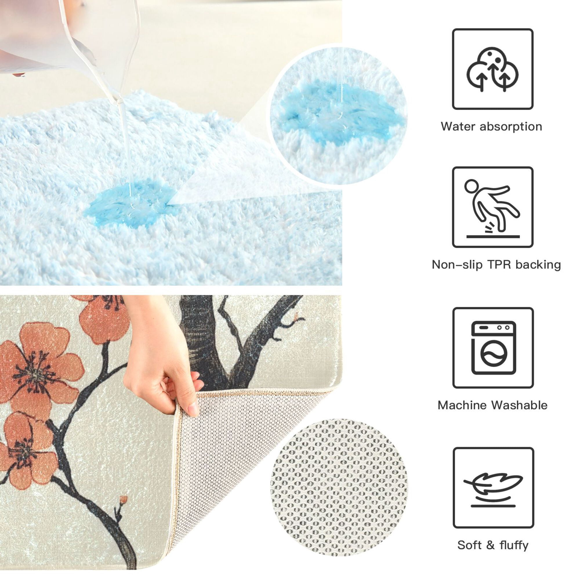 Yayeee Bath Rug for Bathroom Floor Non Slip Rectangle Fluffy Soft Absorbent Mat, 16"x24", Light Red Flowers