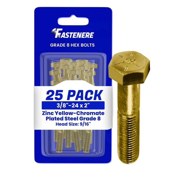 Fastenere 3/8"-24 x 2" Hex Bolts Grade 8 Zinc Yellow-Chromate Plated Steel, Partial Threaded Durable Hex Bolts for Machinery & Construction, Rust-Resistant, Heavy-Duty Fasteners, Pack of 25
