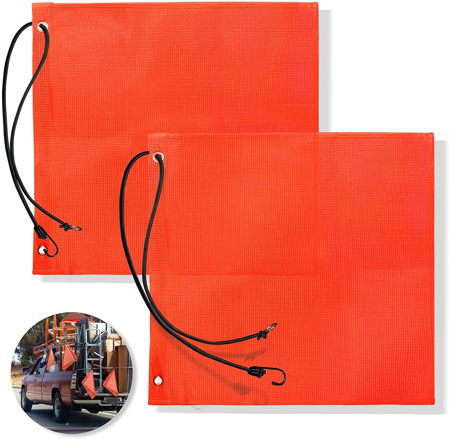 Anley 18x18 Inch Orange Warning Sign Safety Flags for Truck, Trailer, Car & Oversize Load Vehicle - Grommets and Bungee Cords - Vinyl Coated Nylon, Mesh Construction & Bright Color (Pack of 2)