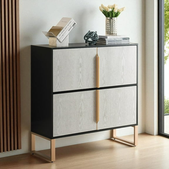 GZXS 42" Modern Buffet Cabinet with 4 Doors, Metal Base & Handles, Multi-Functional Storage Sideboard for Kitchen, Dining Room, Living Room (Black White)