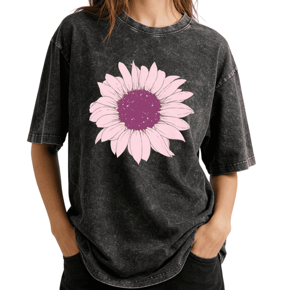 UNISHE Vintage Sunflower Aesthetic Floral Wash Print Tshirt S-2XL Acid Washed Black Graphic Tees Casual Shirts for Cottagecore Tops