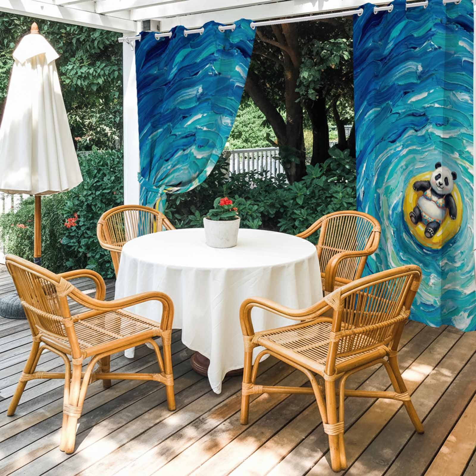 Funny Art Outdoor Curtains for Patio, Summer Panda Swimming Blue Sea View Oil Painting Sunshade Privacy Drapes Grommet Waterproof Outside Curtains for Porch/Cabana/Balcony 54"x 108", 1 Panel