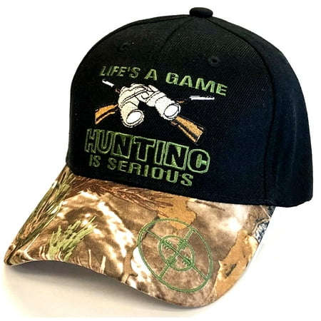 Life s A Game Hunting is Serious 2Tone Camo Bill Black Hat Cap Hunter Adult Men s Adjustable