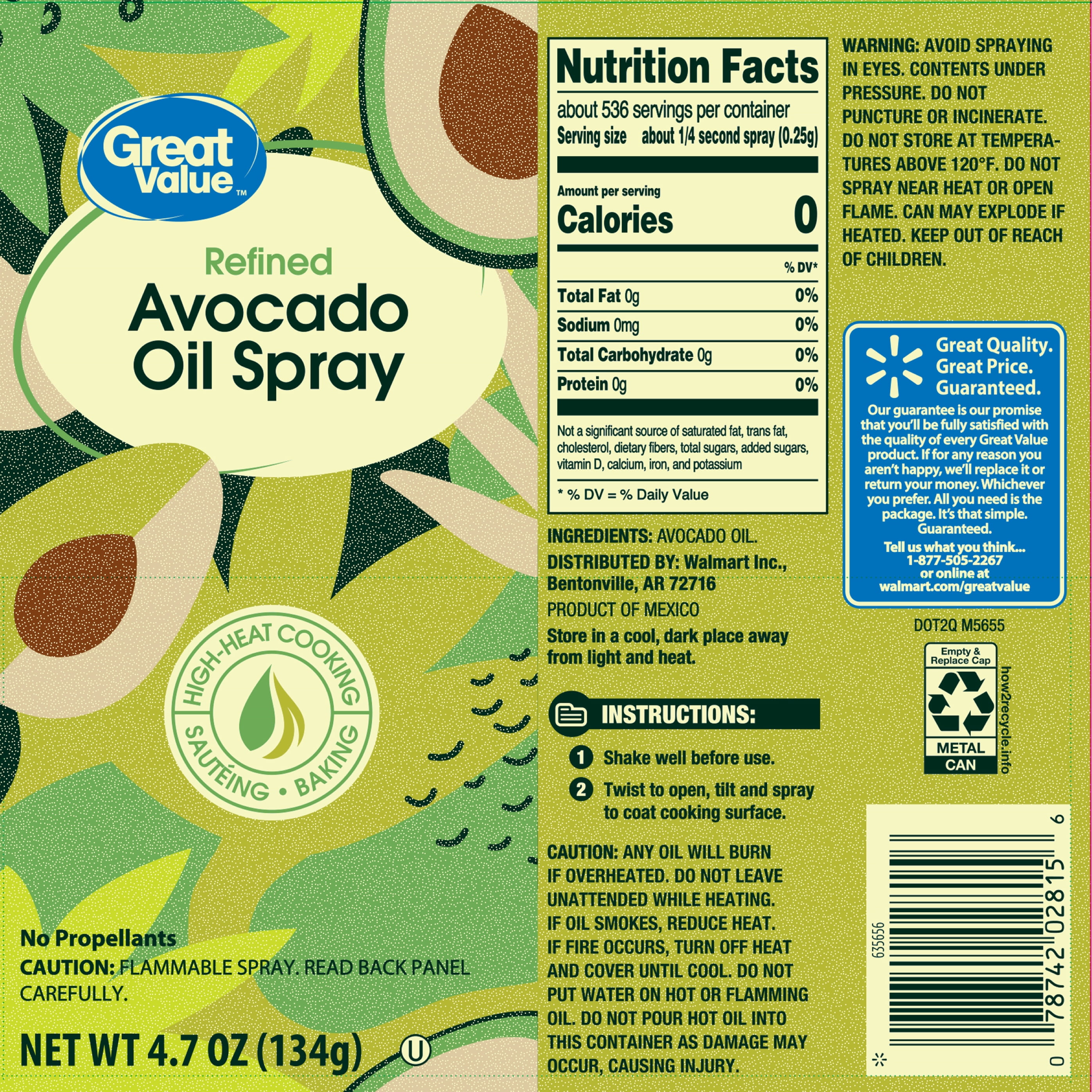 Great Value 100% Pure Avocado Oil Cooking Spray, 4.7 oz, Metal Bottle, Shelf Stable/ Ambient