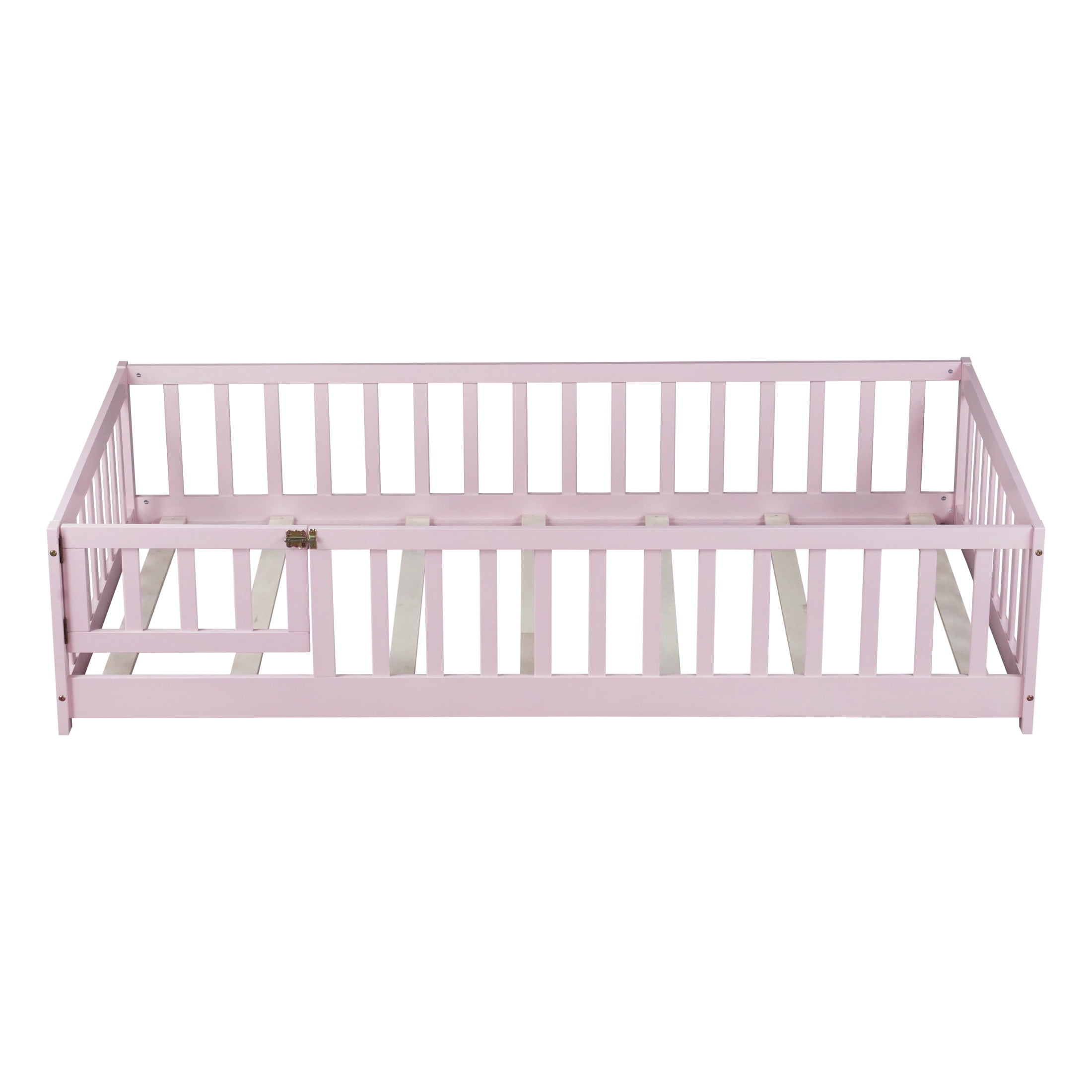 Noble House Wahid Twin Size Floor Bed with Safety Guardrails & Latching Door,  Rubber Wooden Bed Frame, Pink