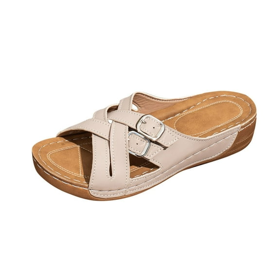 Dressy Wedge Sandals for Women Casual Summer, Comfort Cork Strappy Slides Sandals Beige 6