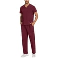 thumbnail image 2 of Mrasaso Under 10! Nursing Scrubs,Mens Scrubs Set,Men's Solid Color V Neck Pocket Caregiver Shirt Elastic Pants Nurse Uniform Set Comfortable Short Sleeve Outfit for Work,Wine|XL, 2 of 8