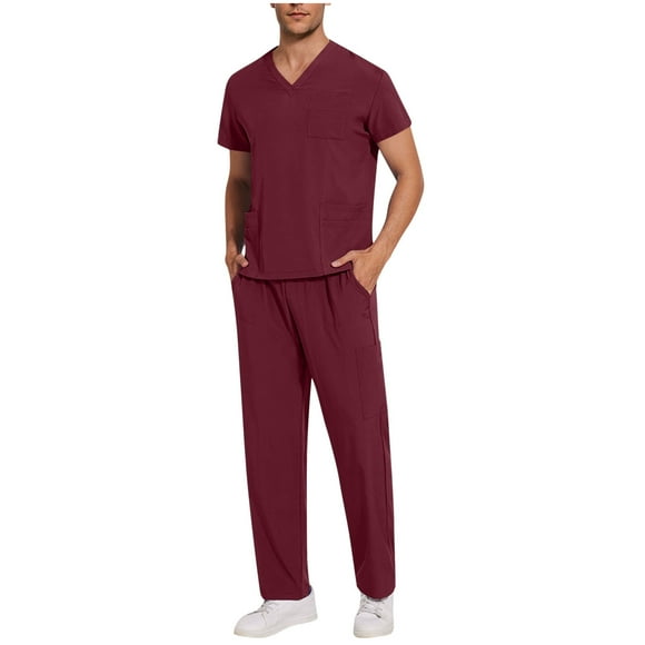 Bocqde Medical Scrubs Sets for Men 2 Piece Outfits Summer Solid V Neck Tee Top with Jogging Pants Mens Workwear Nursing Uniform with Pockets
