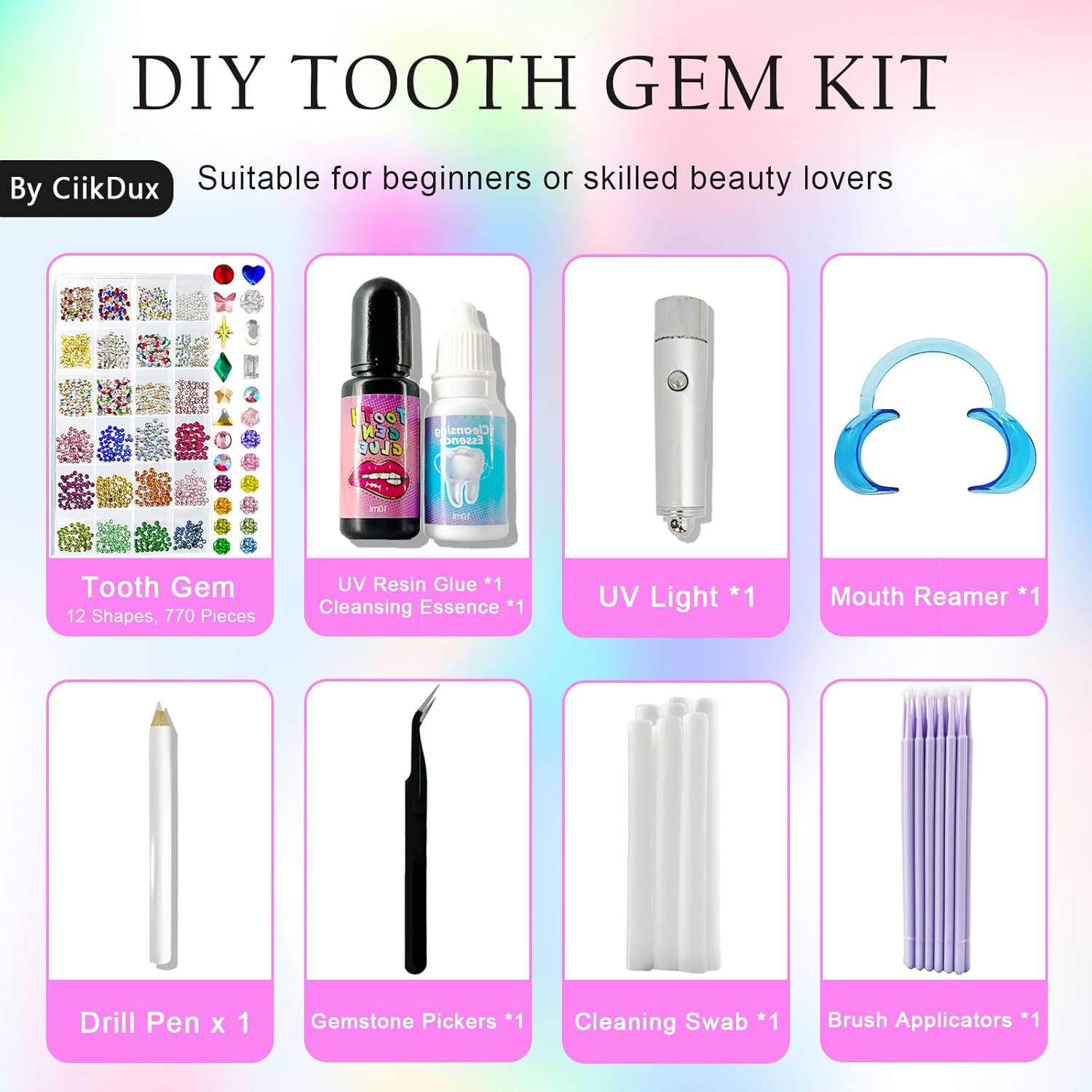 DIY Tooth Jewelry Kit - 770 Crystals, 12 Shapes Bedazzle Gems, Teeth Jewelry Starter Set